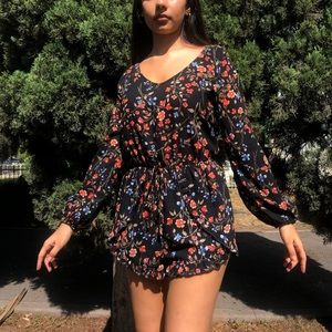 black/floral mini print romper dress